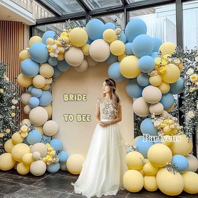 Blue Yellow Balloon Arch Kit Double Stuffed Light Yellow Pastel Blue White Sand Matte Balloon Garland for Baby Shower Bear Birthday Bridal to Bee Party Decoration
