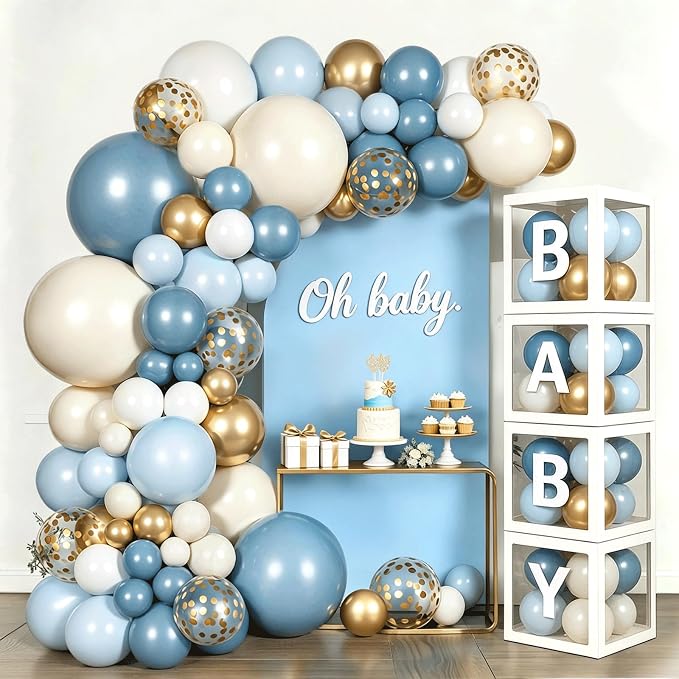 Dusty Blue Balloons Baby Shower Decorations for Boy, Dusty Blue Beige White Gold Confetti Balloon Arch Kit Baby Boxes with Letters for Gender Reveal Boy Birthday Wedding Bridal Party Decorations