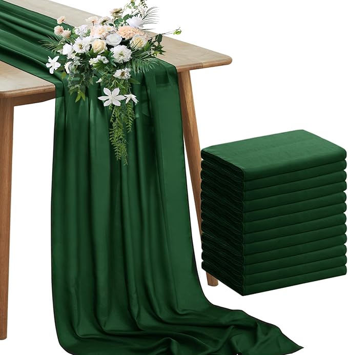 Horbaunal 12 Pack Dark Green Chiffon Table Runners 10FT Sheer Chiffon Runner 29x120 Inches Romantic Boho Rustic Table Runner for Wedding Party Bridal Baby Shower Table Decorations