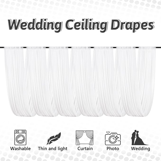 DUOBAO 10ft White Wedding Chiffon Ceiling 6 Panels, Sheer Fabric Drapes for Stage Tent Party Photo Backdrop Decor