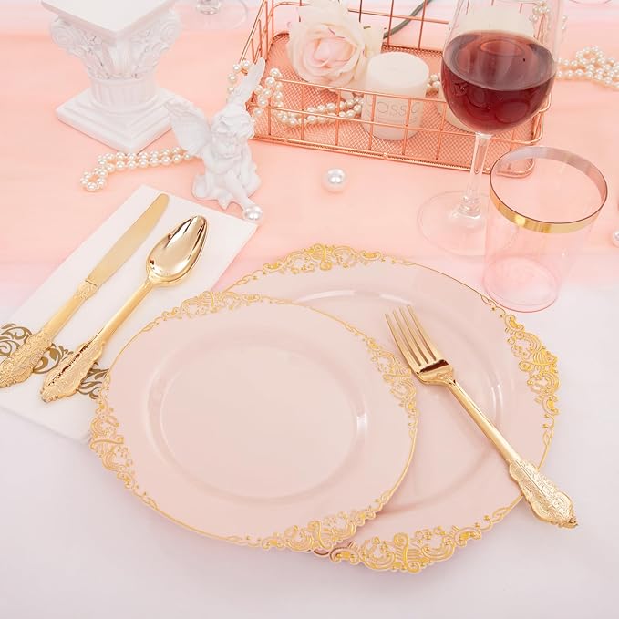 Morejoy 175pcs Pink Plastic Plates - Pink and Gold Disposable Plates sets, Include 25 Dinner Plates,25 Dessert Plates,25 Cutlery Sets,25 Napkins Perfect for Wedding & Party & Holiday & Mother's Day