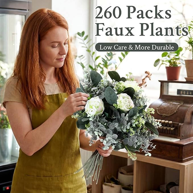 Janinka Mixed Eucalyptus Leaves Stems Bulk with White Seeds Artificial Silver Dollar Leaves Sprays Faux Oval for Wreath Garland Floral Bouquets Arrangement Wedding Greenery Decoration (260)