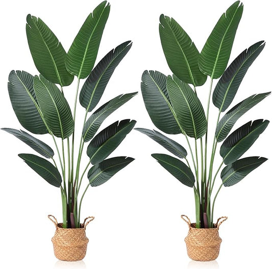 Ferrgoal Artificial Bird of Paradise Plants 5 Ft Fake Tropical Tree with Woven Basket, Faux Banana Leaf Plant for Home Indoor Outdoor Office Modern Decor Green 2 Set