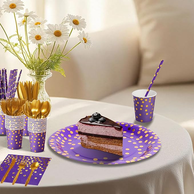 Nkaiso Paper Plates and Napkins Set, 193 Pieces Purple Gold Party Supplies Includes Paper Plates Cups Napkins Straws and Cutlery for Birthday Wedding Holidays Parties Decorations-24 Guests