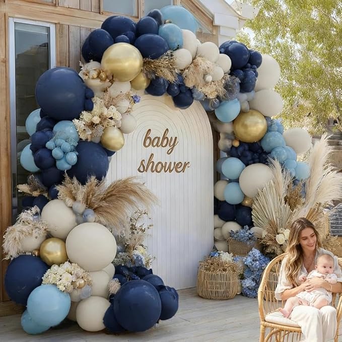 Navy Blue Balloon Garland Double Stuffed Dusty Blue Gold White Sand Balloons Beige Cream Metallic Latex Arch Kit for Neutral Baby Shower Birthday Gender Reveal Father's Day Graduation Party Decoration