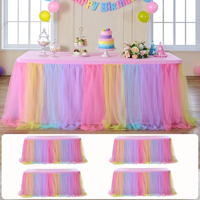 4 pk 6ft Rainbow Tulle Tablecloth for Rectangle Tables, 2-in-1 Pastel Color Table Covers with Tulle Skirt,Wrinkle Free Stretchy Ruffle Tulle Table Cloths Fitted for Wedding Party Banquet Vendor