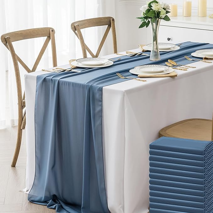 12 Pack Chiffon Table Runner 14x108 Inch Long 9ft Sheer Table Runners for Party Romantic Wedding Bridal Shower Fall Decorations-Dusty Blue