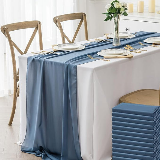 12 Pack Chiffon Table Runner 14x108 Inch Long 9ft Sheer Table Runners for Party Romantic Wedding Bridal Shower Fall Decorations-Dusty Blue