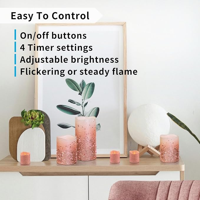 FURORA LIGHTING Pink Glitter LED Candles, 8-Pack Set with Remote & Timer | Includes 4 pillars and 4 votives. Beautiful pink starry glow perfect for bedrooms, vanity tables, and decor.