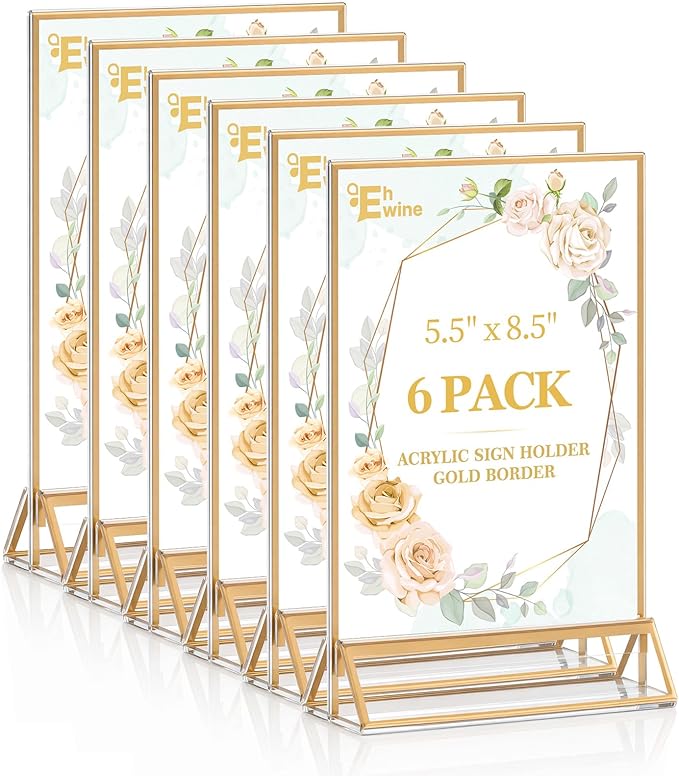 EHWINE 6 Pack Acrylic Sign Holder 5.5 x 8.5, Double Sided Gold Picture Frame Stand up Table Top Sign Holders, Clear Display Stand Menu Flyer Holder for Wedding Party