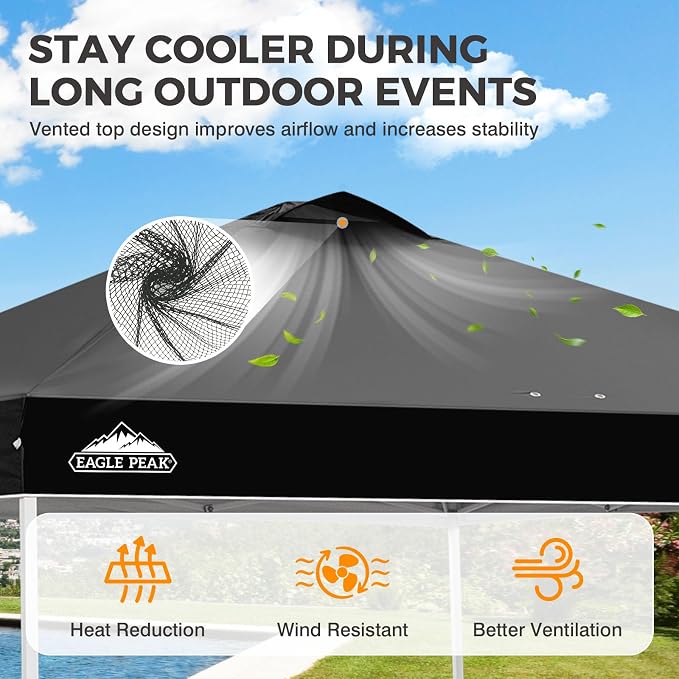 EAGLE PEAK Pop Up Canopy Tent with Wheeled Carry Bag, 8 Stakes, 4 Ropes, 4 Weight Bags, Easy Set Up Tent Canopy, 10x10 ft, 100sqft of Shade, Black