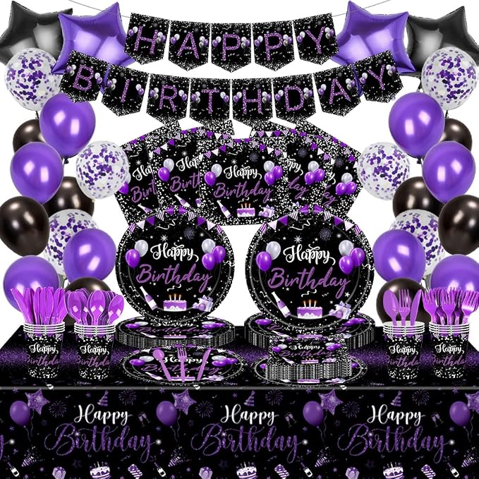 219Pcs Purple Black Birthday Decorations Party Supplies for Women Men Girls Purple and Silver Birthday Plates Napkins Cups Tableware Set with Banner Tablecloth Confetti Balloons, Serves 24