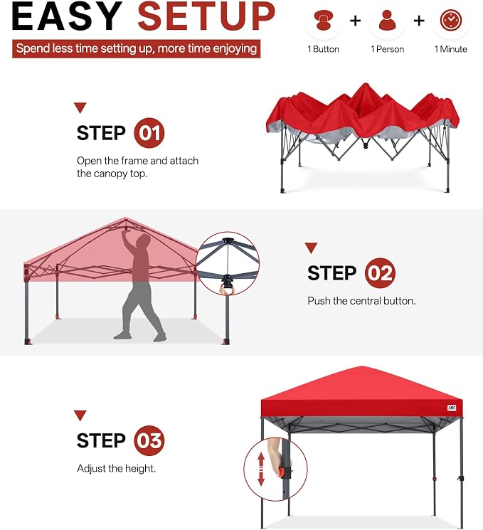 ABCCANOPY 10x10 Pop Up Canopy Tent, Easy Setup Instant Shelter with Wheeled Bag, Heavy Duty Outdoor Canopy for Beach, Market, Backyard, UV Protection, Outdoor Weather Protection (Red, 10x10)