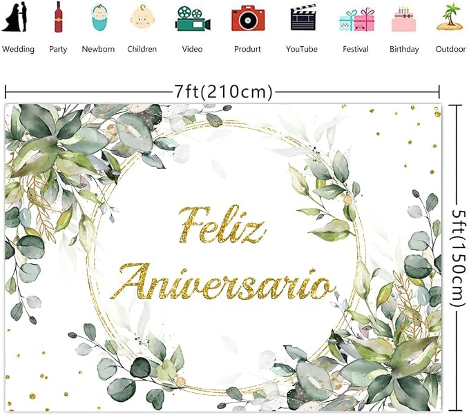Lofaris Feliz Aniversario Backdrop for Photography Green Leaves Shinning Dots Gold Ring Mexican Happy Anniversary Decorations Supplies Floral Cake Table Banner Photo Booth Props 7x5ft