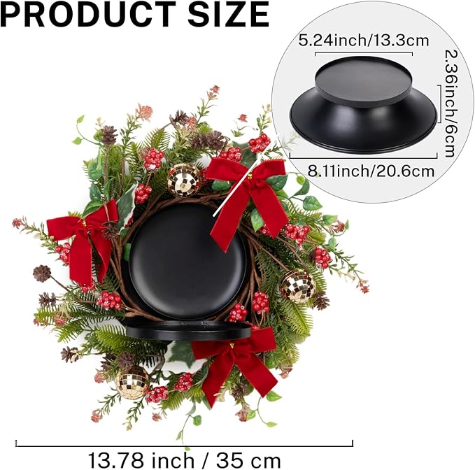 MOYEE Christmas Winter Centerpieces for Tables Candle Ring, Black Metal Candlestick with an Artificial Wreaths 14 in Versatile Dining Table Centerpiece Decor (Red Bow Pinecone Wreath)