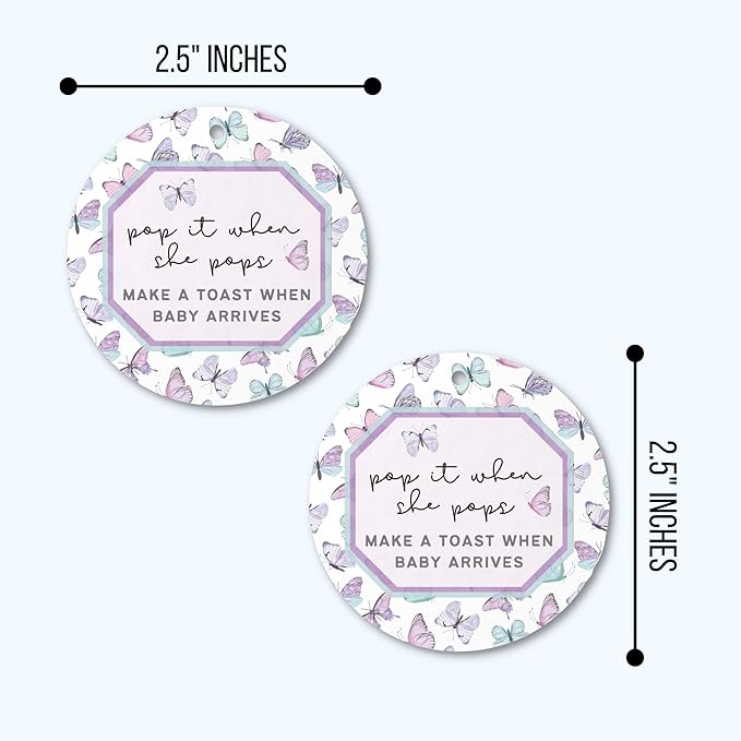 Pop It When She Pops Butterfly Tags | 30 pk, 2.5” Purple Labels for Champagne Mini Bottles Pink Bubbly Favor Hang for Baby Shower or Gender Reveal