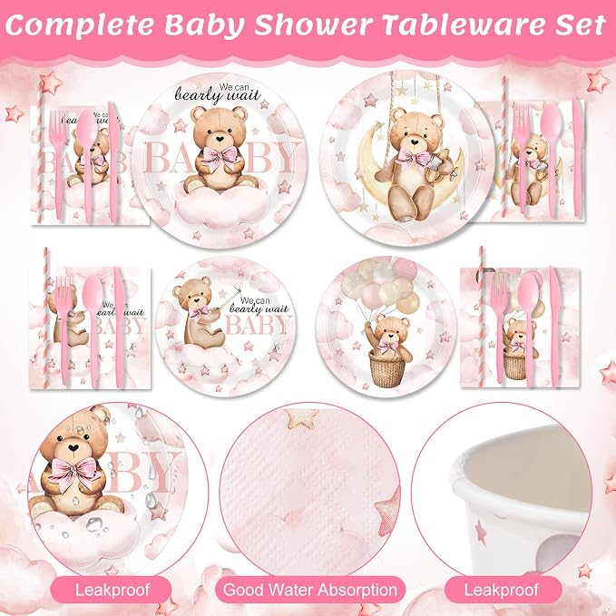 450 Pcs Pink Bear Baby Shower Tableware Set Decorations We Can Bearly Wait Paper Plates Napkins Cups Cutlery Straws for Pink Baby Shower Gender Reveal Birthday Party Supplies, Serves 50