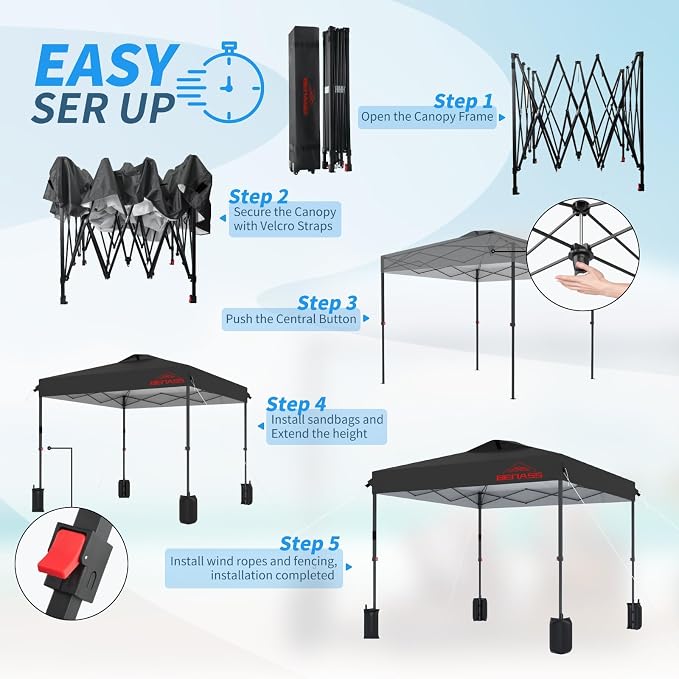 8x8 Pop Up Canopy, Easy Up Canopy Tent, Heavy Duty Tents for Parties, One Person Easy Set Up Event Tent, Black