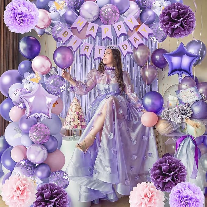 Birthday Decorations Set, Purple Party Decoration with Purple Balloons, Banner, Pom Poms, Fringe Curtain Background, Birthday Crown, Shoulder Strap for Girls Women Party Supplies