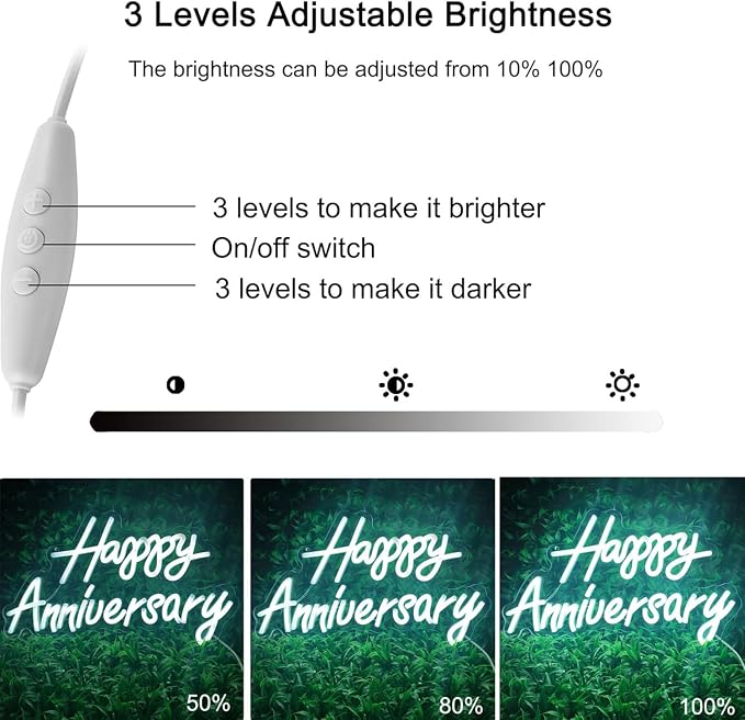 Happy Anniversary Neon Sign - Wedding Birthday Party Decoration Neon Light for Bedroom,Living,Home Bar Valentine's Day Anniversary Decor Gift (white)