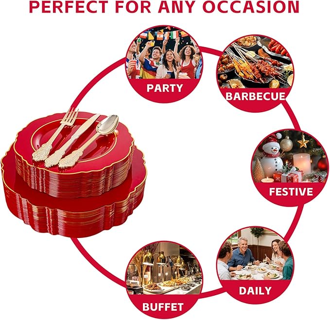 Liacere 175PCS Red Plastic Plates - Red Disposable Plates With Gold Rim -25Guest Baroque Plastic Dinnerware include 50Plates-25Pack Pre Rolled Napkins with Silverware 25Cups for Wedding & Mothers Day