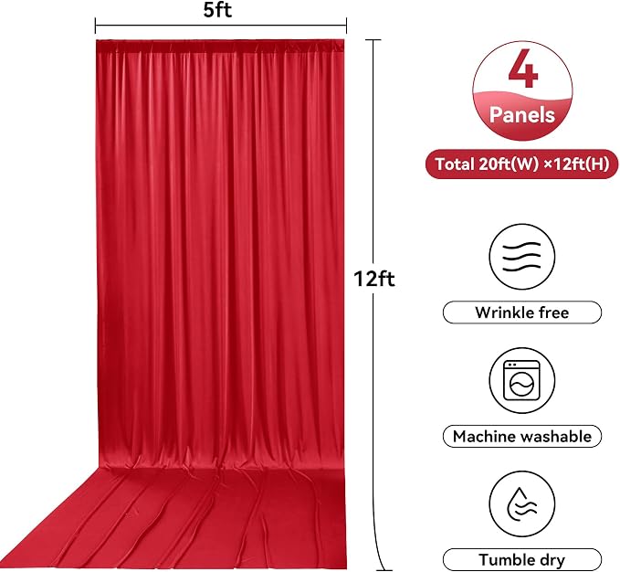 20ftx12ft Wrinkle Free Red Backdrop Curtain for Parties, 4 Panels Silky Polyester 12ft Long Photo Backdrop Drapes Back Drop Cloth for Wedding Birthday Party Christmas Photography Background