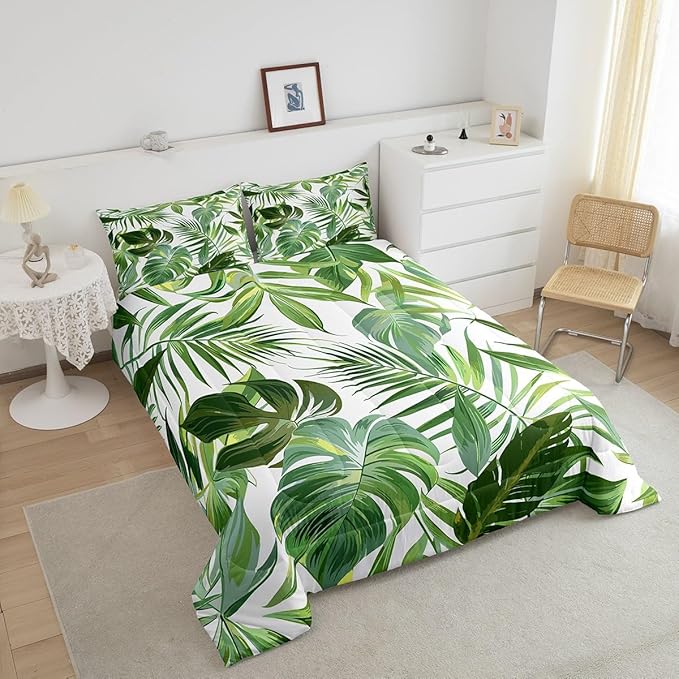 jejeloiu Green Palm Leaf Comforter Set Queen Size Kids Green Tropical Leaves Pattern Bedding Set for Boys Girls Summer Tree Branches Nature Theme Duvet Quilt Room Decor