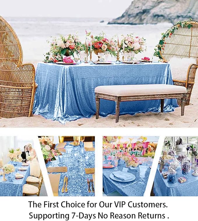 ShiDianYi Baby Blue 60x102-Inch Sequin Rectangular Tablecloth Bridal Dress Table Cloth Baby Blue Glitter Tablecloth Sequin Table Overlay for Wedding Party Birthday Decor