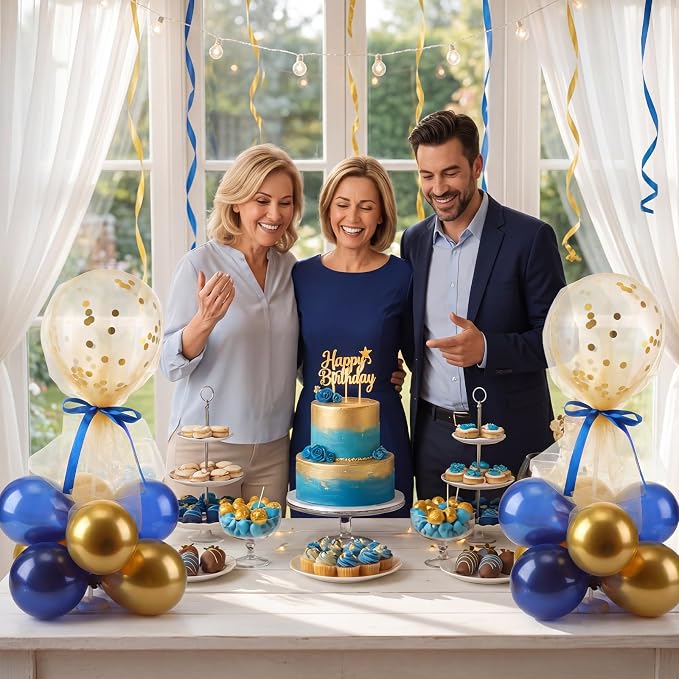 BBTO 8 Set Blue Gold Balloon Centerpieces for Table, Balloons Stand Kit with Base Tulle for Wedding Birthday Grad Prom Centerpieces Party Back to School Baby Shower