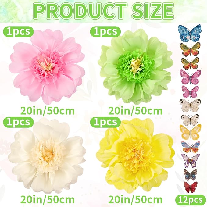 SUNBEAUTY 4 PCS Pastel Paper Flower Decorations 3D Butterflies Stickers Crepe Large Paper Flowers Tissue Paper Flowers for Wall Spring Garden Birthday Baby Shower Tea Easter Party Classroom Wedding