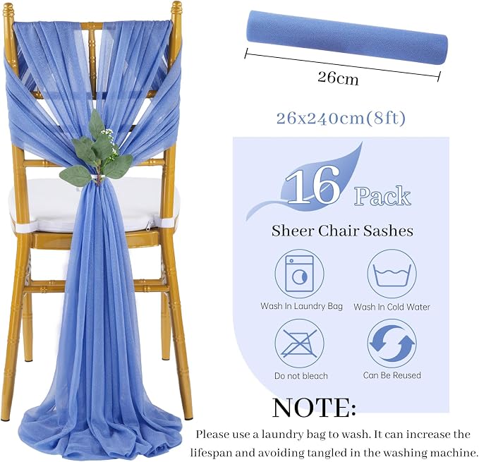 QueenDream Dusty Blue Chair Sashes Decorations: 16 Packs Wedding Aisle Draping Fabric Wedding AisleSheer Church Chair Cover Bulk for Baby Shower Party Banquet