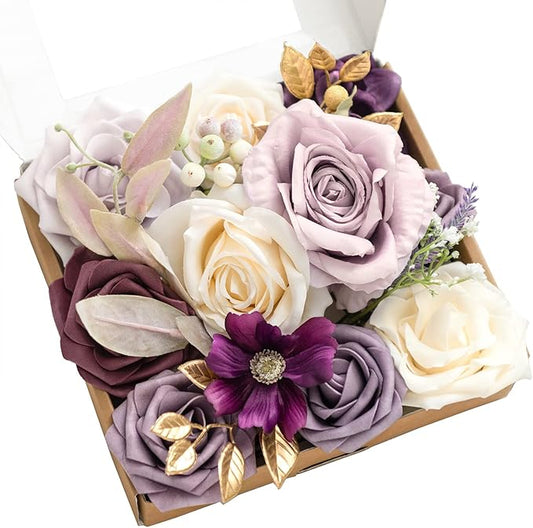 Ling's moment Artificial Flowers and Greenery Combo Box for DIY Lilac & Cream Wedding Bouquet Centerpieces Floral Arrangement Decor