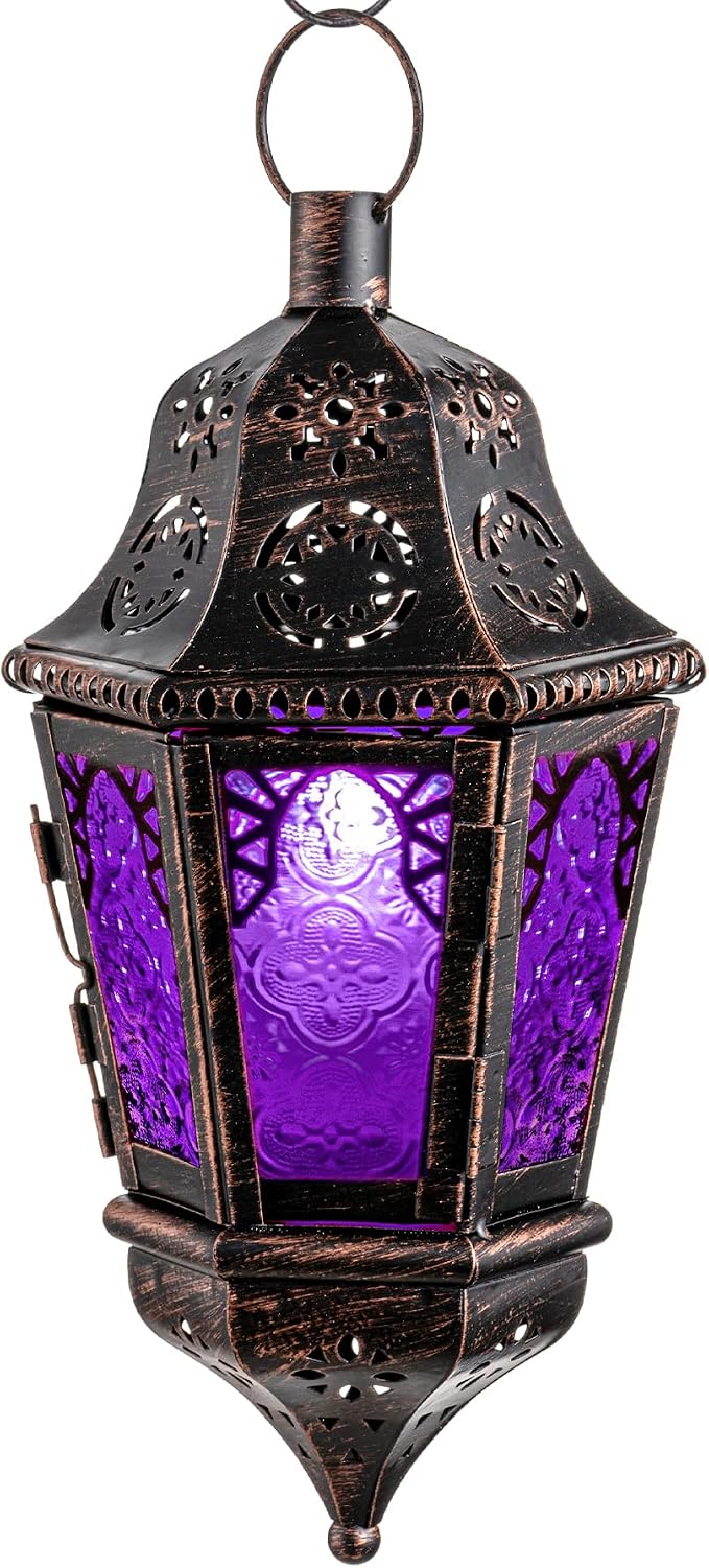 Moroccan Decorations Indoor, 13.6’’ Lantern Decorative Outdoor, Halloween Style Hanging Lantern with Chain for Home Porch Patio Decor, Vintage Metal Christmas Ramadan Candle Holders(Purple)