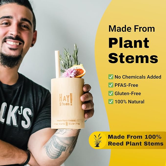 Hay Straws 8 inch Individually Wrapped Compostable Drinking Straw Eco Friendly, 1500 Count Biodegradable Disposable Straw for Juices, Smoothies, Plant-Stem Straws, No Paper, Plastic-Free (5–6.5mm)