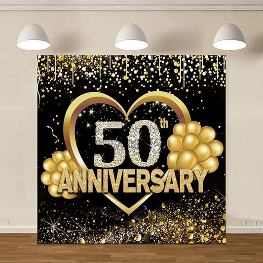 Chloroplastid 8x8ft 50th Wedding Anniversary Backdrop Black Gold Glitter Spots Diamond Background for Photography Party Banner Supplies Photo Booth Props