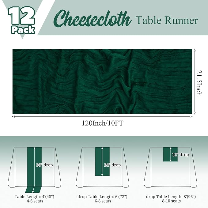 12 Pack Emerald Green Table Runner 10Ft Cheesecloth Table Runner Rustic Gauze Table Runners Romantic Long Sheer Fabric Cheese Cloth Table Runners for Wedding Party Bridal Baby Shower