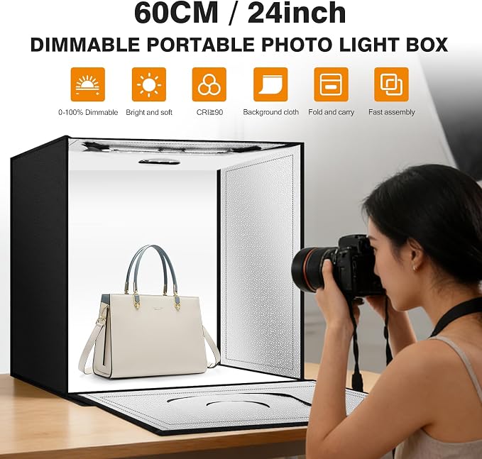 Light Box Photography 24"x24" with 120LED Lights and 4 Color Backdrops Photo Box with Lights, Foldable Light Box with Adjustable Brightness, 6000-6500K Dimmable Portable Picture Box Shooting