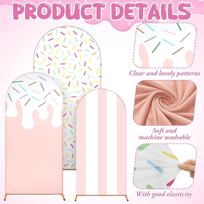 Foilswirl 34 Pcs Sweet One Birthday Decorations Pastel Donut Ice Cream Balloon Arch Backdrop Covers Pastel Spandex Arch Backdrop Cover with Ice Cream Foil Donut Balloons for Sweet Birthday Party