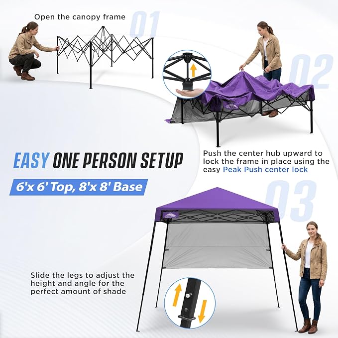 EAGLE PEAK 8x8 Pop Up Canopy Tent with Sidewall, Compact, Portable Slant Leg Instant Sun Shelter for Beach, Sports, & Camping, 8x8 Base 6x6 Top, Purple