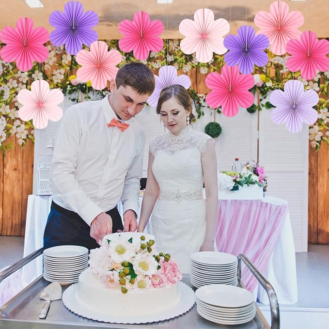 DODOKIM Paper Fans Party Decorations Paper Flowers Decorations for Wall Floral Backdrop Classroom Baby Shower Birthday Party Flower Wall Decor Pack of 18 Pink Purple