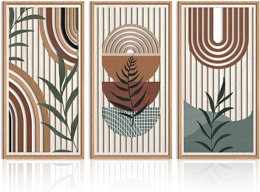 IARTTOP Framed Boho Mid-century Modern Wood Wall Art 16x32 Inch Large Bohemian Abstract Geometric Wooden Wall Decor Minimalist Brown Green Plant Decor for Bedroom Living Room Dining room Set of 3