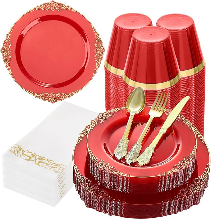 Bestluck 175PCS Clear Red Plastic Plates for 25 Guests, Disposable Plates with Gold Trim include 25 Dinner Plates, 25 Dessert Plates, 75 Gold Silverware, 25 Cups, 25 Napkins for Party, Wedding