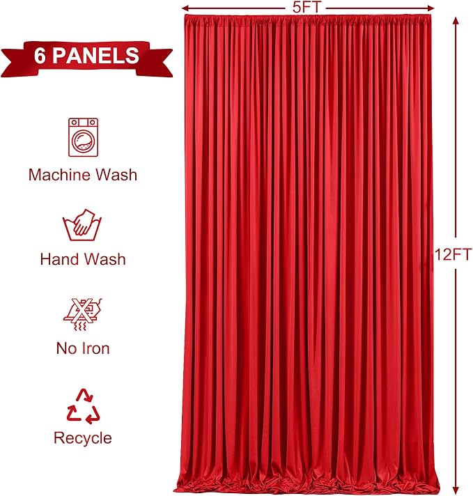 6 Panels Red Backdrop Curtains for Wedding Party Wrinkle Free Backdrops Curtain Drapes Fabric Decorations Photo Back Drop Cloth for Baby Shower Photography Stage Reception 30ft(W) x 12ft(H)