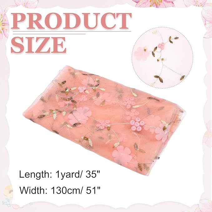 MECCANIXITY 1 Yard Tulle Fabric 35"x51" 3D Flower Embroidery Mesh Lace Fabric for DIY Handmade Clothing Wedding Dress Skirt Home Curtain Decoration, Orange Pink