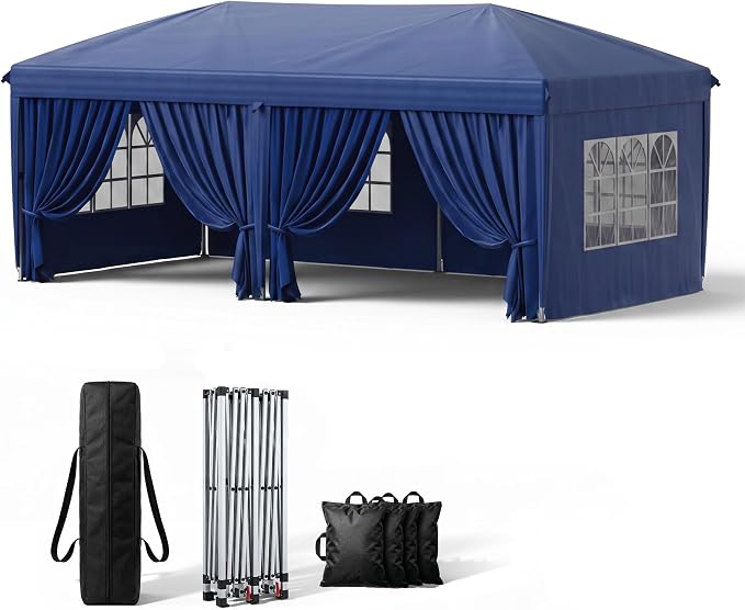 KIGOTY 10x20 FT Portable Pop Up Canopy Tent, Adjustable Height Instant Gazebo with Sidewalls, Sandbags, Waterproof Outdoor Canopy for Camping, Parties, Vendor Events (Blue, 3m × 6m with sidewalls)