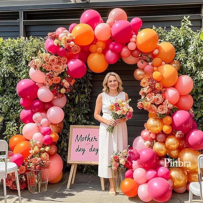 Pink Orange Balloon Garland Double Stuffed Hot Pink Orange Gold Metallic Pastel Balloon Arch Kit for Birthday Baby Bridal Shower Wedding Mother's Day Tropical Party Decorations