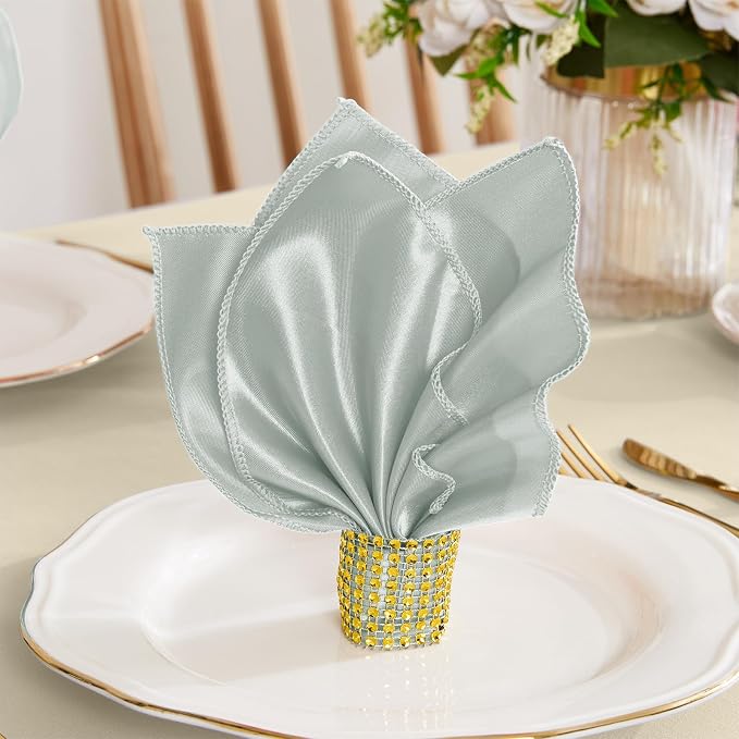 RUDONG M 100 Pcs Grey Satin Napkins and Napkin Rings Set, 17 x 17 Inch Square Cloth Napkins Set of 50, Silky Soft Table Napkins Bulk for Weddings, Banquet, Parties Dinner Decoration