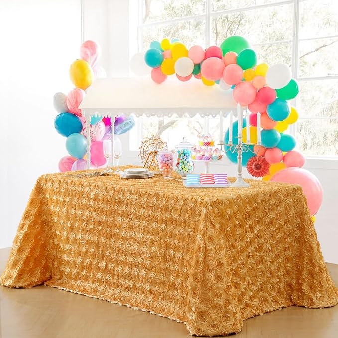 B-COOL Gold Tablecloth 90x156 Inch 3D Floral Wedding Table Overlay Rosette Fabric for Birthday Baby Shower Bachelor Party Prom Table Decorations