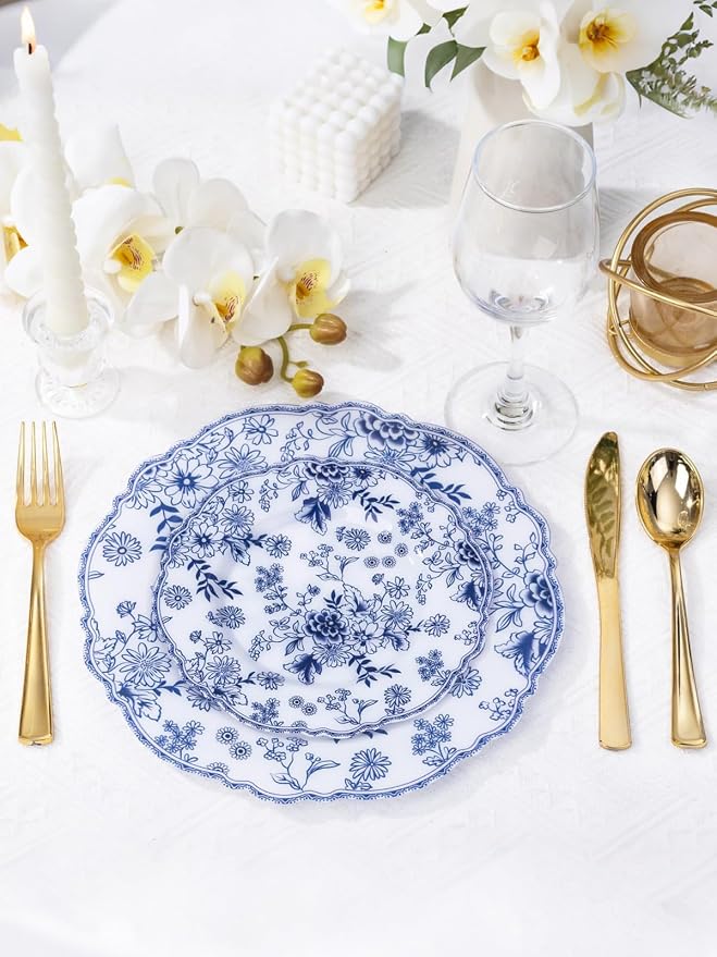 WDF 20PCS Blue and White Plates - Chinoiserie Blue Floral Plates - Baroque Floral Party Decor for Wedding Bridal/Birthdays/Tea Party