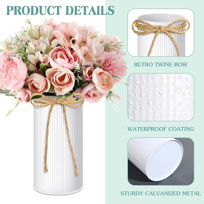 Zonon 18 Pcs Farmhouse Vase Decor with Twine Bow 4.33" Galvanized Flower Bucket 5.91" Metal Pots 7.09" Rustic Decorated Vases for Artificial Flowers Home Table Weddings Decor (White)
